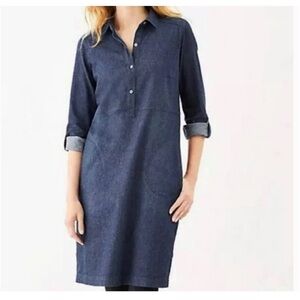 J Jill Blue Denim Long Roll Tab Sleeve Shirt Dress Medium Casual Preppy Cowgirl